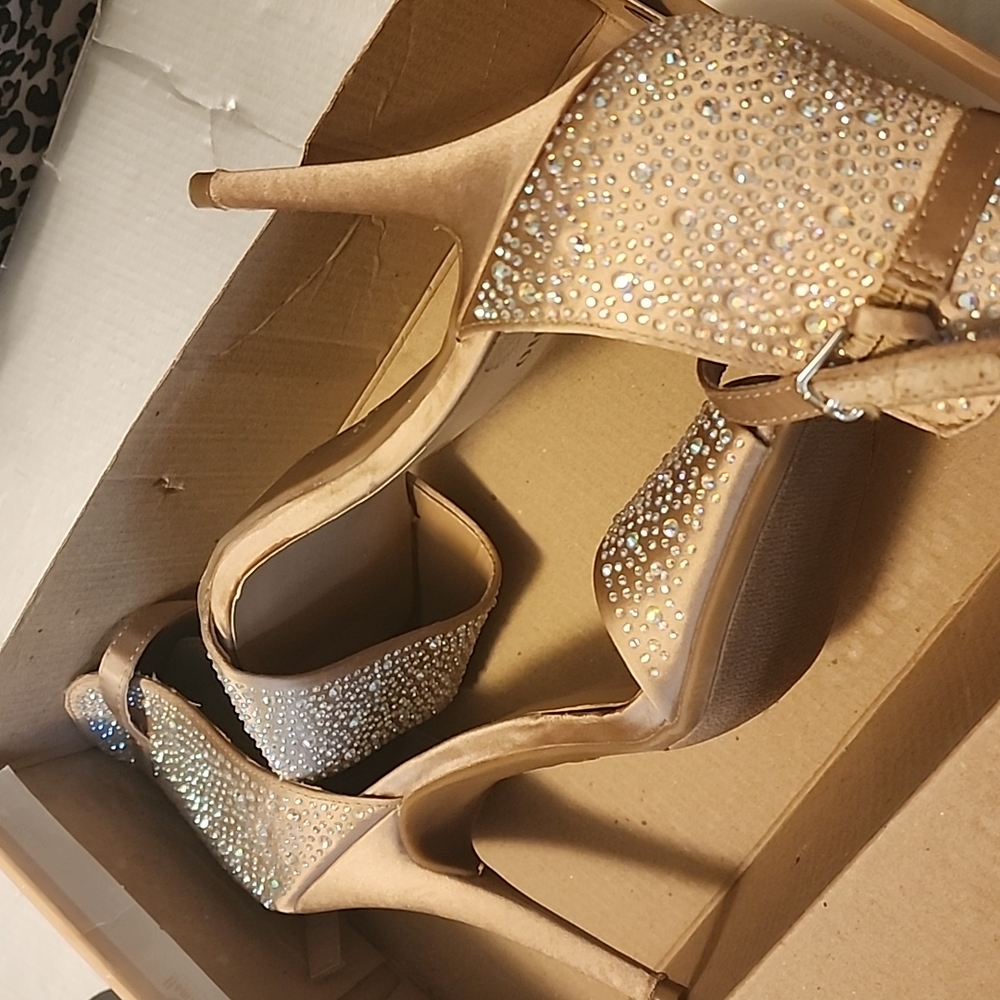 Gold sateen sparkling ankle wrap heels size 9